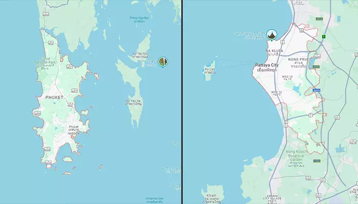 تصویری از موقعیت پاتایا و پوکت روی نقشه