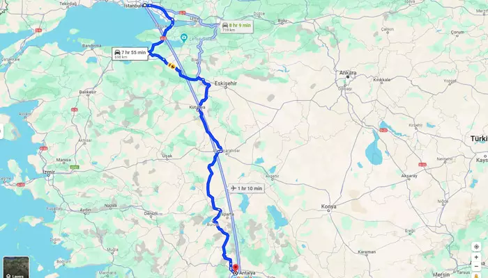 تصویری از فاصله استانبول تا آنتالیا روی نقشه