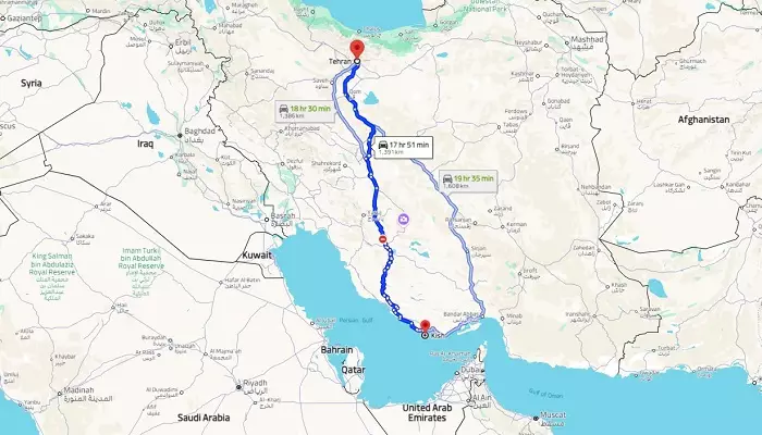 مسیر تهران تا کیش روی نقشه